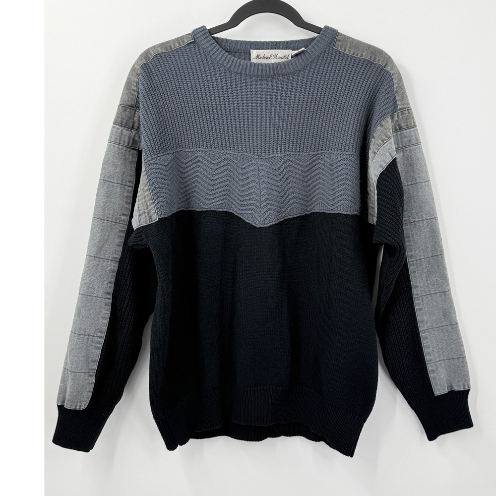 Vtg 80s Grandpa Sweater Mens sz L Colorblock Denim Cosby Theo Huxtable patchwork